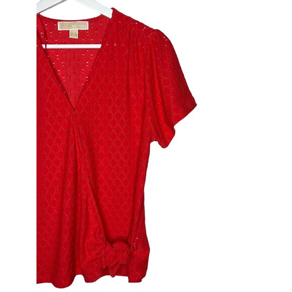 Michael Kors Eyelet Puff Sleeve Blouse S Orange V-Neck Short Sleeve Top - Picture 4 of 10